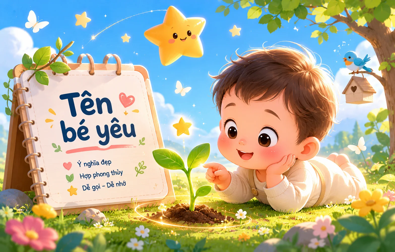 Em bé đầy mầu sắc cùng mầm cây và ngôi sao – minh họa pastel