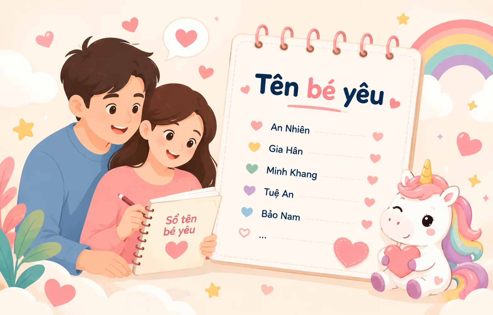 Gia đình trẻ đang chọn tên cho em bé – minh họa pastel